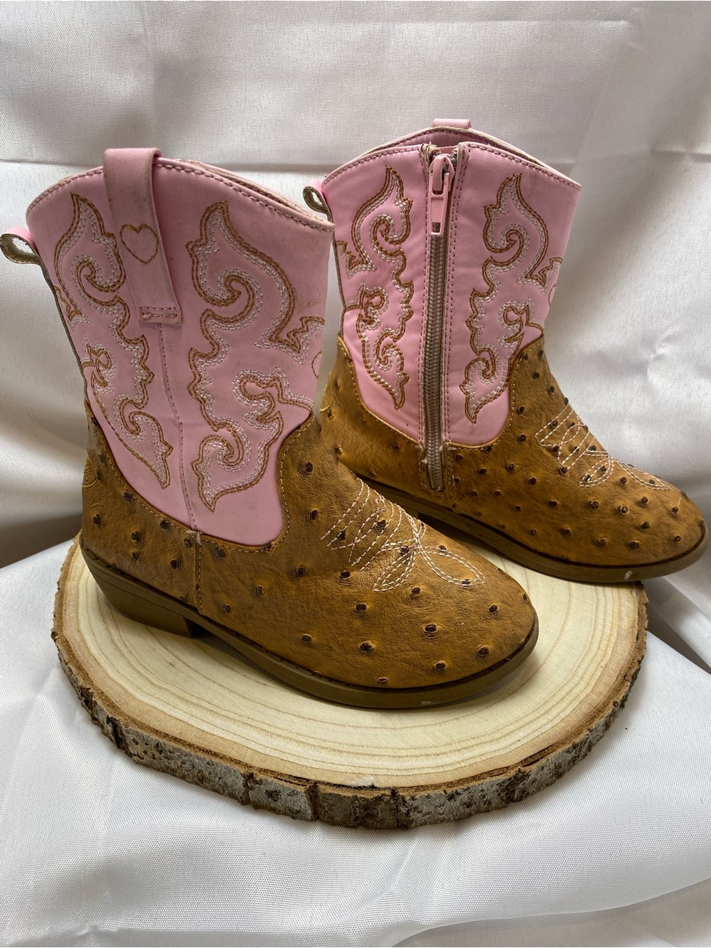 PAWZ Pink and Brown Girls Western Cowboy Boots Sz-12